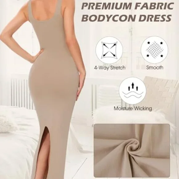 Elegant Slip Dress Tummy Control Shapewear Long Slip Back Slit Minimal Chic